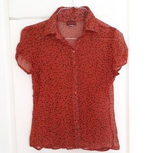 Moss Red Sheer Blouse with Black Polka Dots